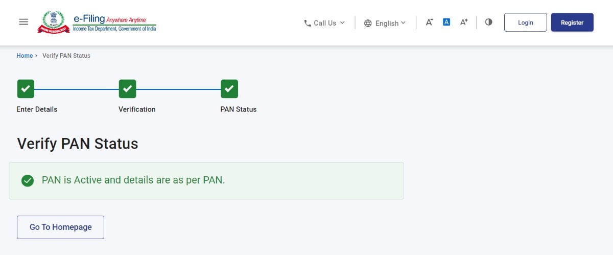pan card status on display