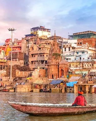 Boats and ghats at dawn in Varanasi
